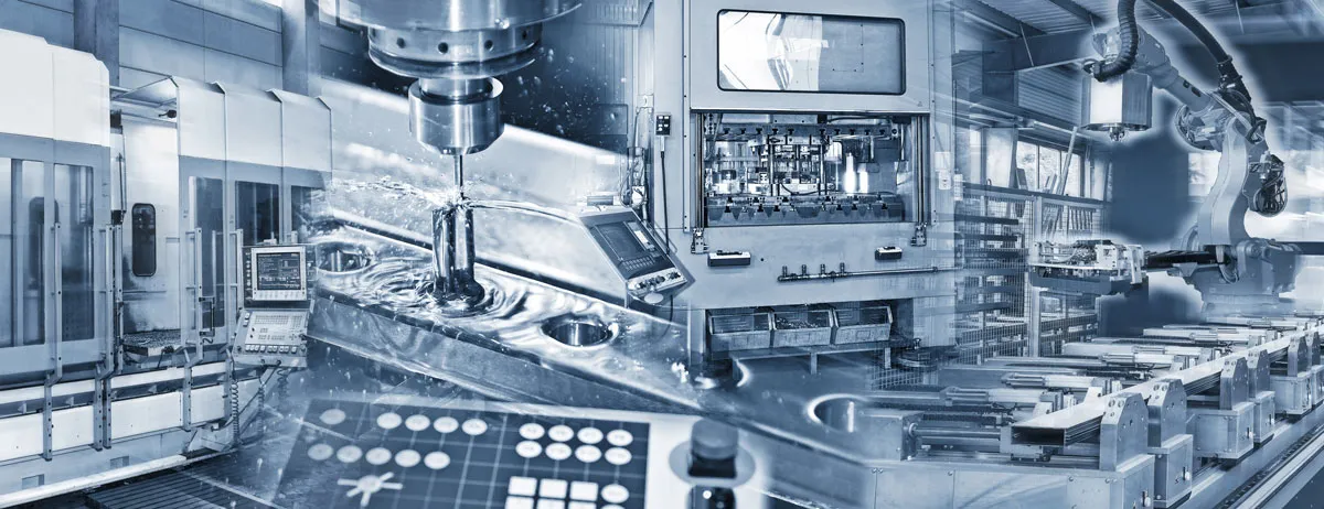 A collage of advanced manufacturing equipment, including CNC machines, robotic arms, control panels, and automated assembly lines, illustrating a high-tech industrial environment.