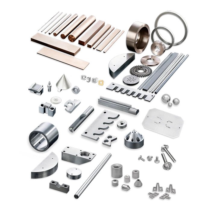 A variety of metal parts and components, including rods, plates, gears, rings, and custom shapes, arranged neatly on a black background.