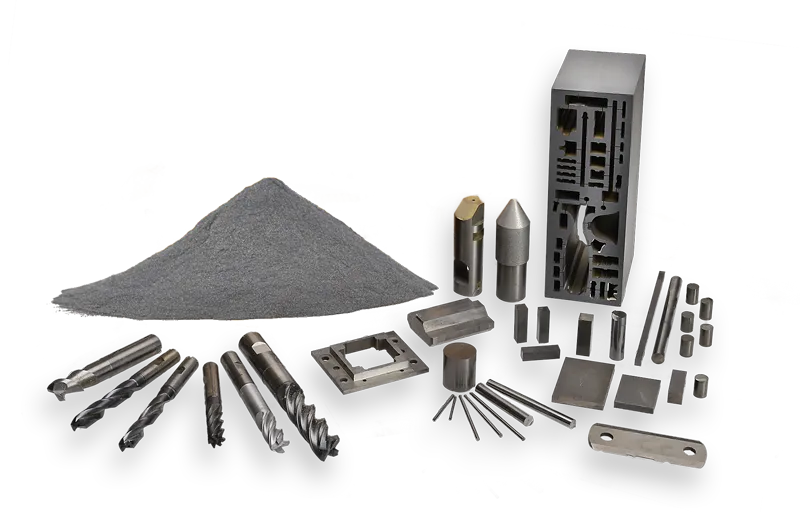 A pile of gray powder next to various metal objects, including drill bits, rods, blocks, cylinders, and a cutaway component with intricate internal structures, all displayed on a black surface.