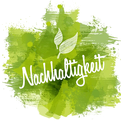 Green watercolor background with two sketched leaves above the handwritten German word Nachhaltigkeit (meaning Sustainability) in white script.