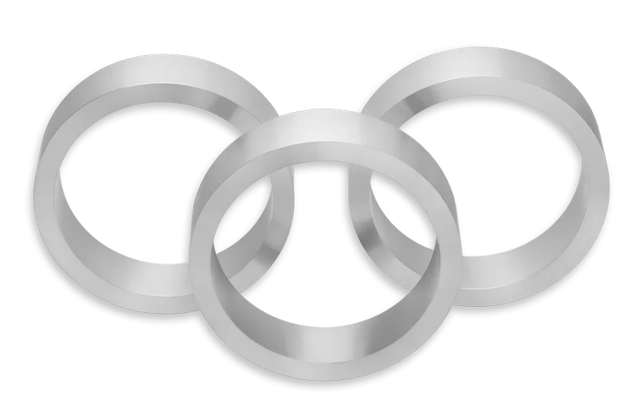 Three metallic silver rings arranged so that two are positioned side by side, with a third ring overlapping and connecting them at the center bottom, forming a triangular layout on a black background.