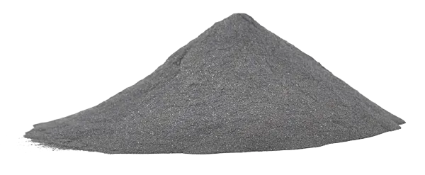 A mound of fine gray powder is arranged in a cone shape on a white background.