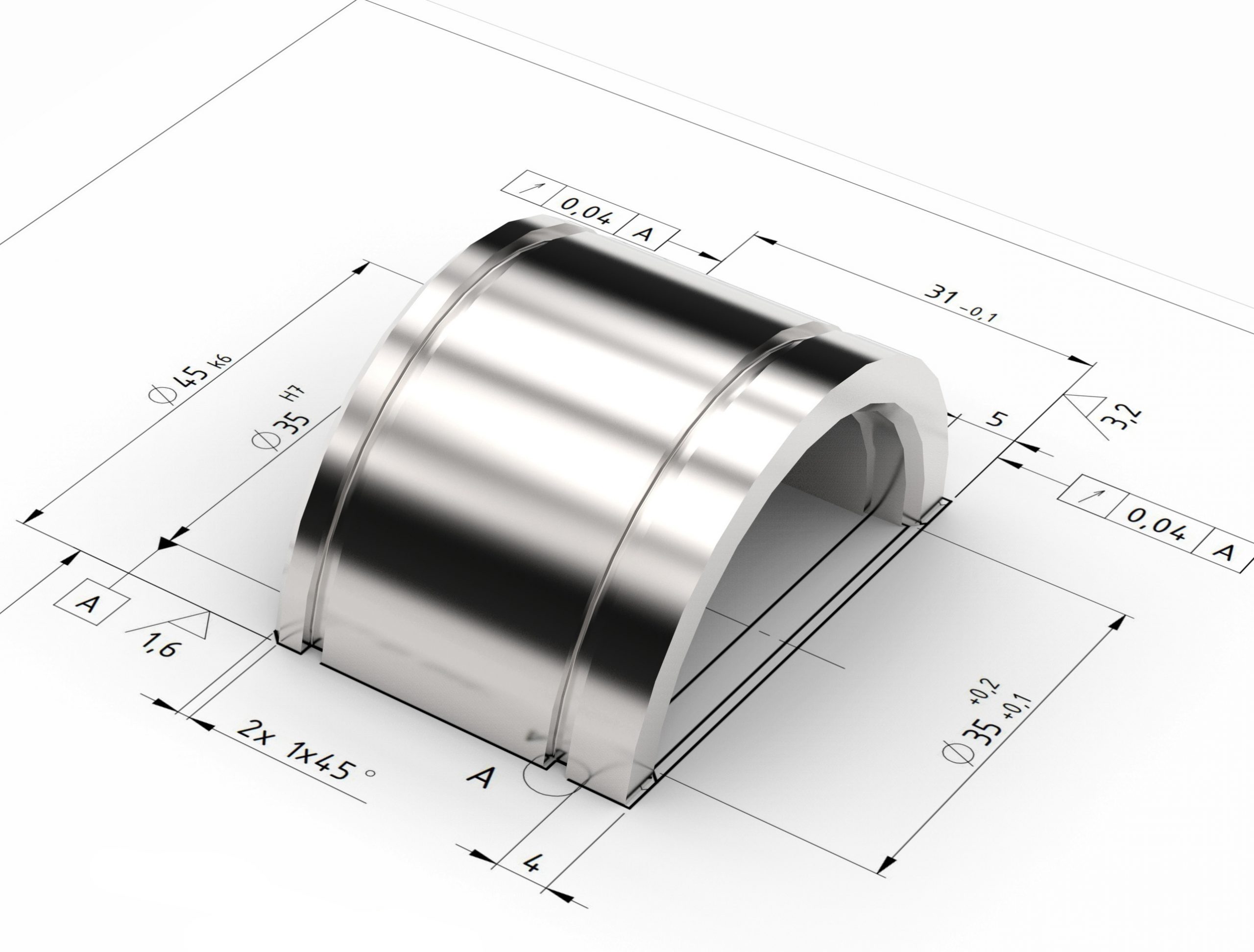 A shiny, metallic, semi-cylindrical mechanical part is shown on a technical drawing with detailed measurements and section lines labeled A-A.